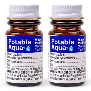 Potable Aqua two bottles with 50 tablets each for portable water purification on adventures.