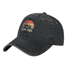 Povmekd Farm Life Hat side view showing washed denim look and breathable fabric.