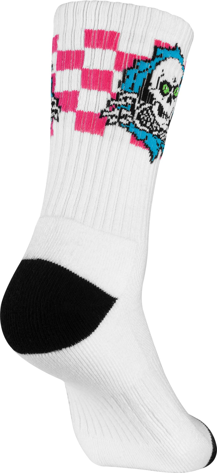 Powell Peralta Ripper socks showcase blue/pink/white checker design for style.