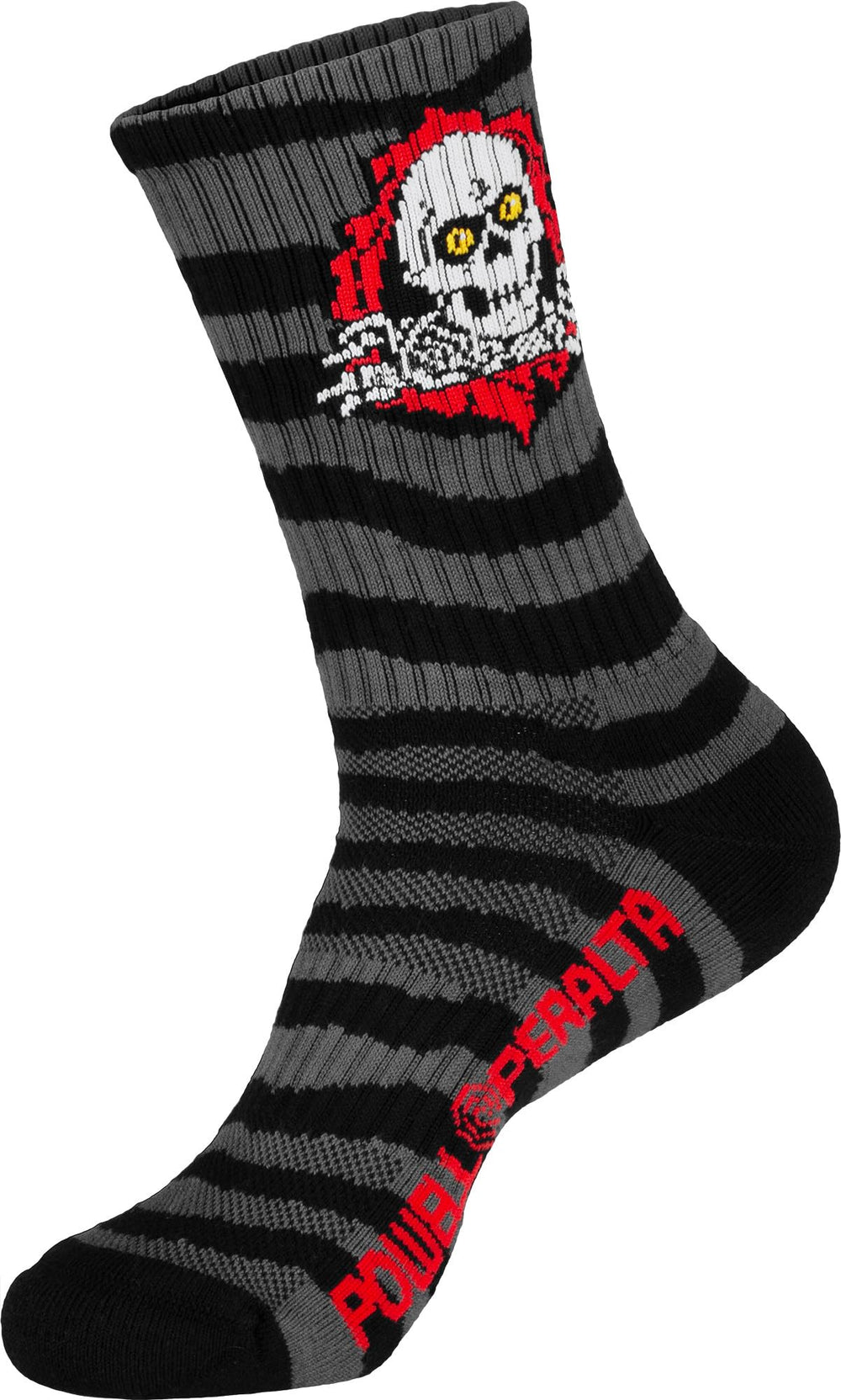 Powell Peralta Ripper socks stripes charcoal black closeup shows cushioned footbed for comfort.