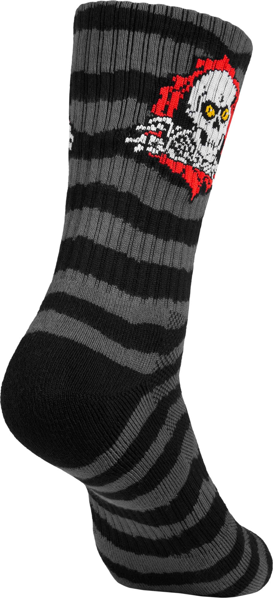 Powell Peralta Ripper socks stripes charcoal black cuff detail highlights durable twisted yarn.