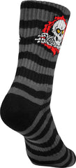 Powell Peralta Ripper socks stripes charcoal black cuff detail highlights durable twisted yarn.