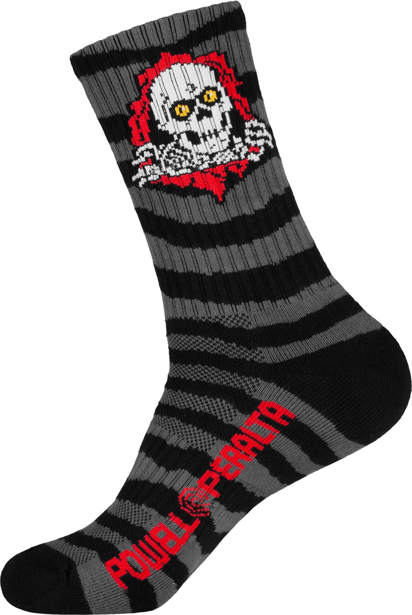 Powell Peralta Ripper socks stripes charcoal black in-use view emphasizes breathable mesh top.