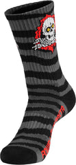 Powell Peralta Ripper socks stripes charcoal black pack shot conveys everyday wearability.