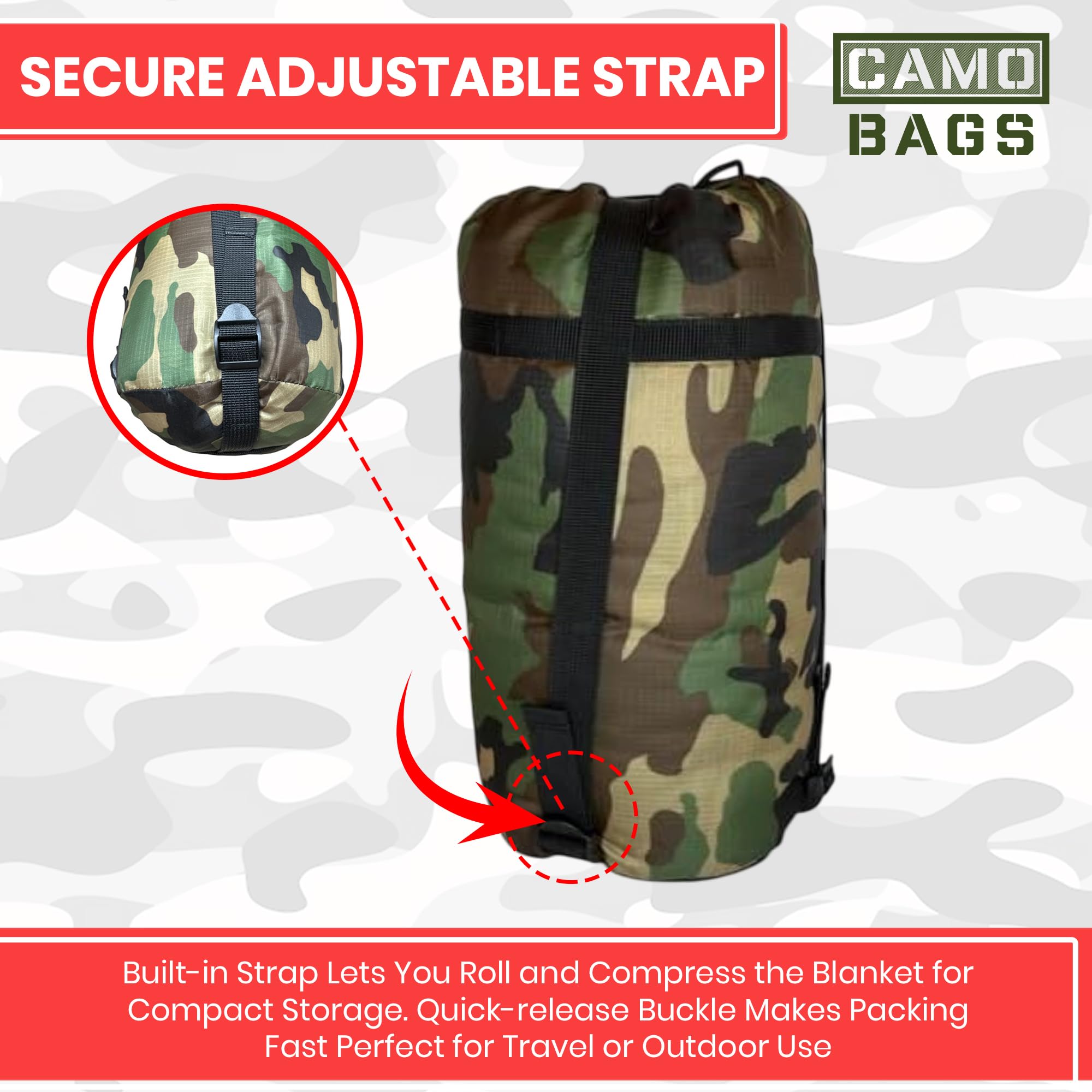 Powell Tool Bags camo woobie blanket; adjustable straps for compact packing.