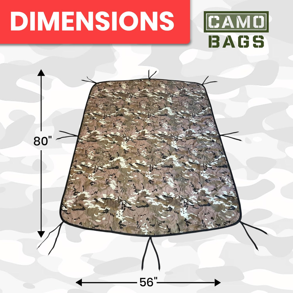 Powell Tool Bags camo woobie blanket picnic beach setup for shade and comfort.