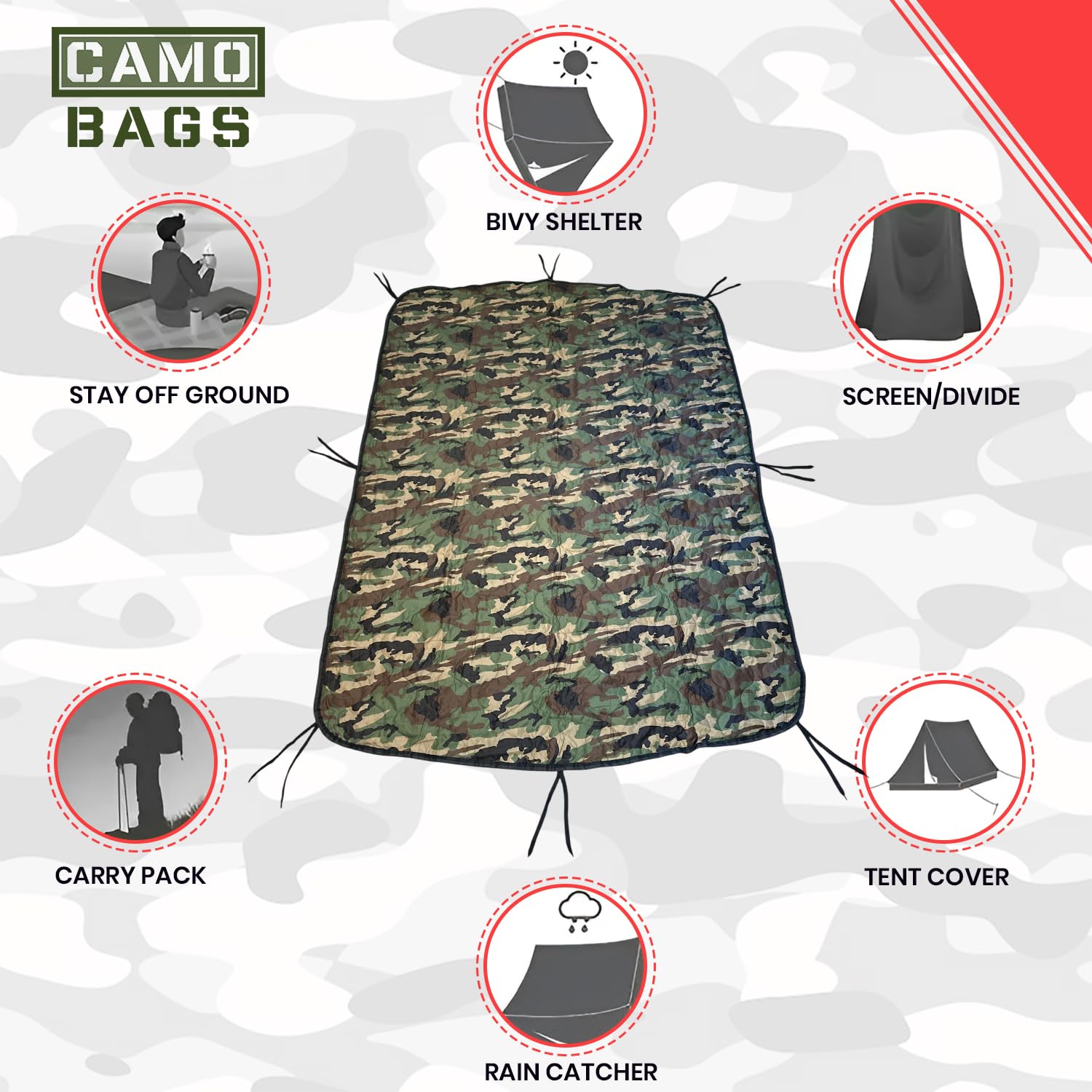 Powell Tool Bags camo woobie blanket; reinforced tie cords enable quick shelter setups.