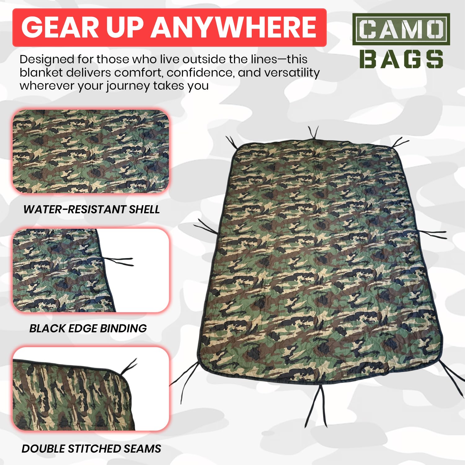 Powell Tool Bags camo woobie blanket; ribstop fabric resists tears outdoors.