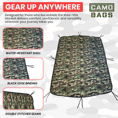 Powell Tool Bags camo woobie blanket; ribstop fabric resists tears outdoors.
