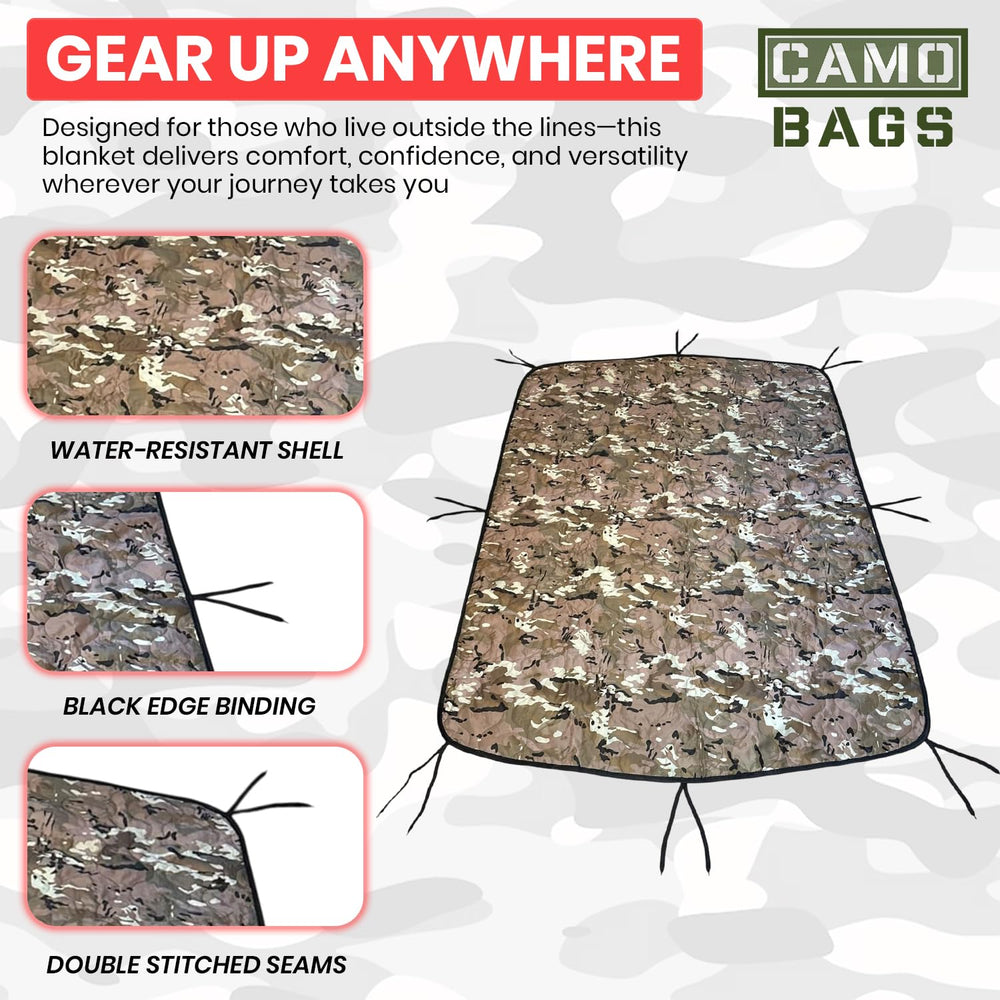 Powell Tool Bags camo woobie blanket waterproof layer protects you on wet ground or beach days.
