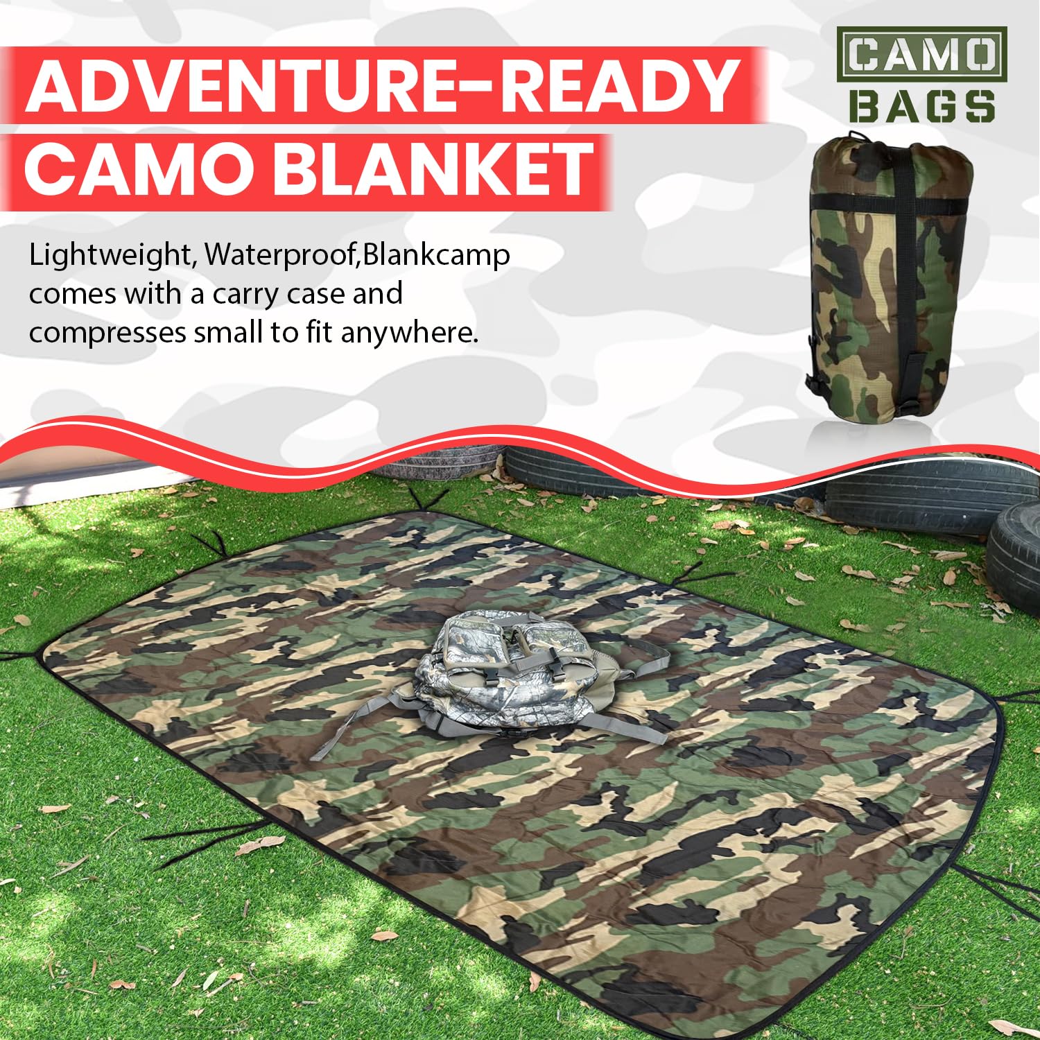 Powell Tool Bags camo woobie blanket; waterproof surface on damp ground.