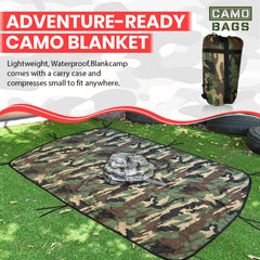 Powell Tool Bags camo woobie blanket; waterproof surface on damp ground.