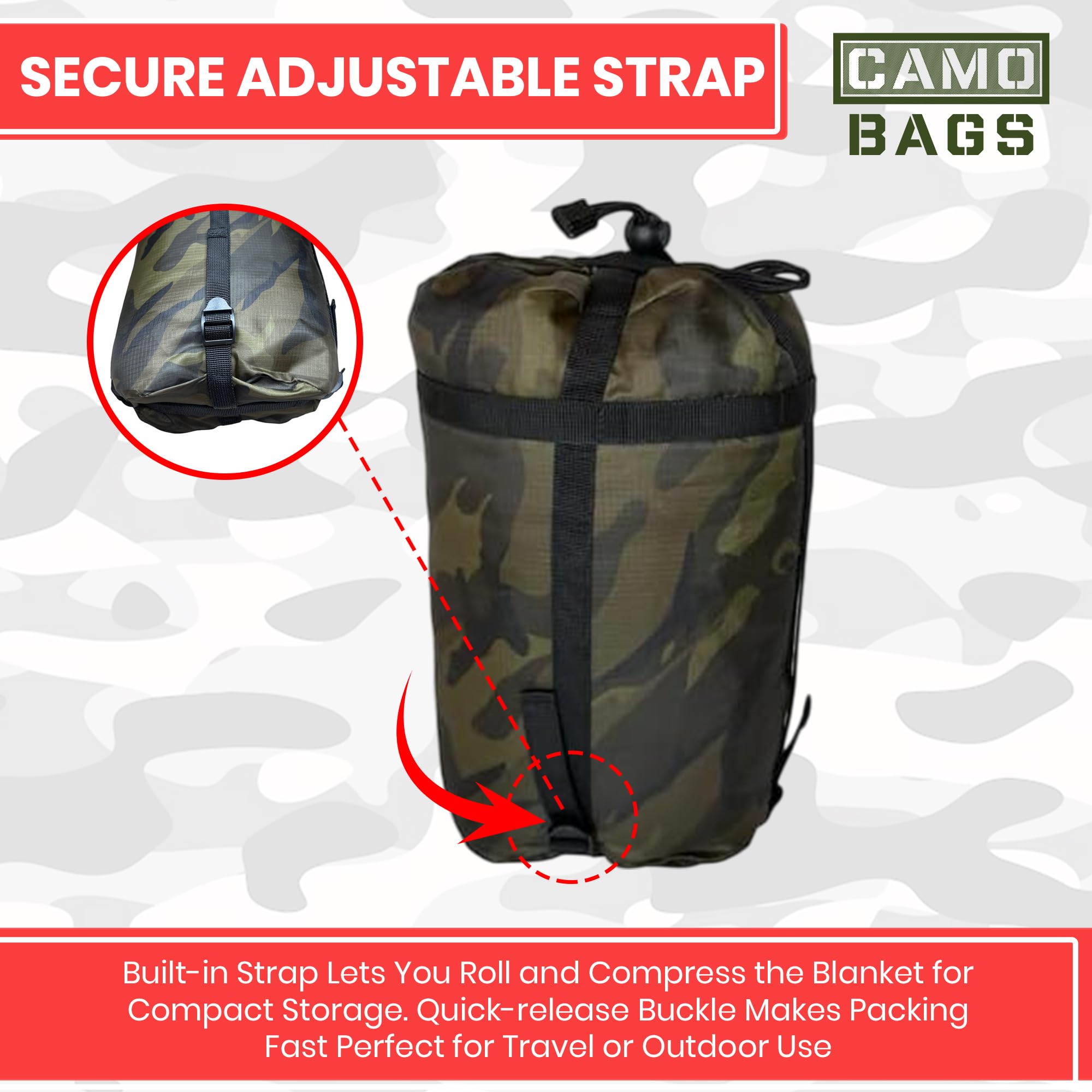Powell Tool Bags camo woobie sheltered setup between trees and gear.