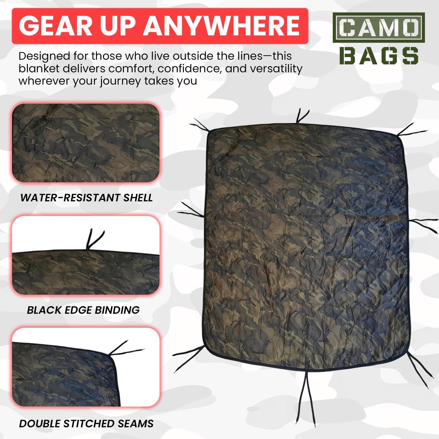 Powell Tool Bags camo woobie edge tie cords for quick shelter setups.