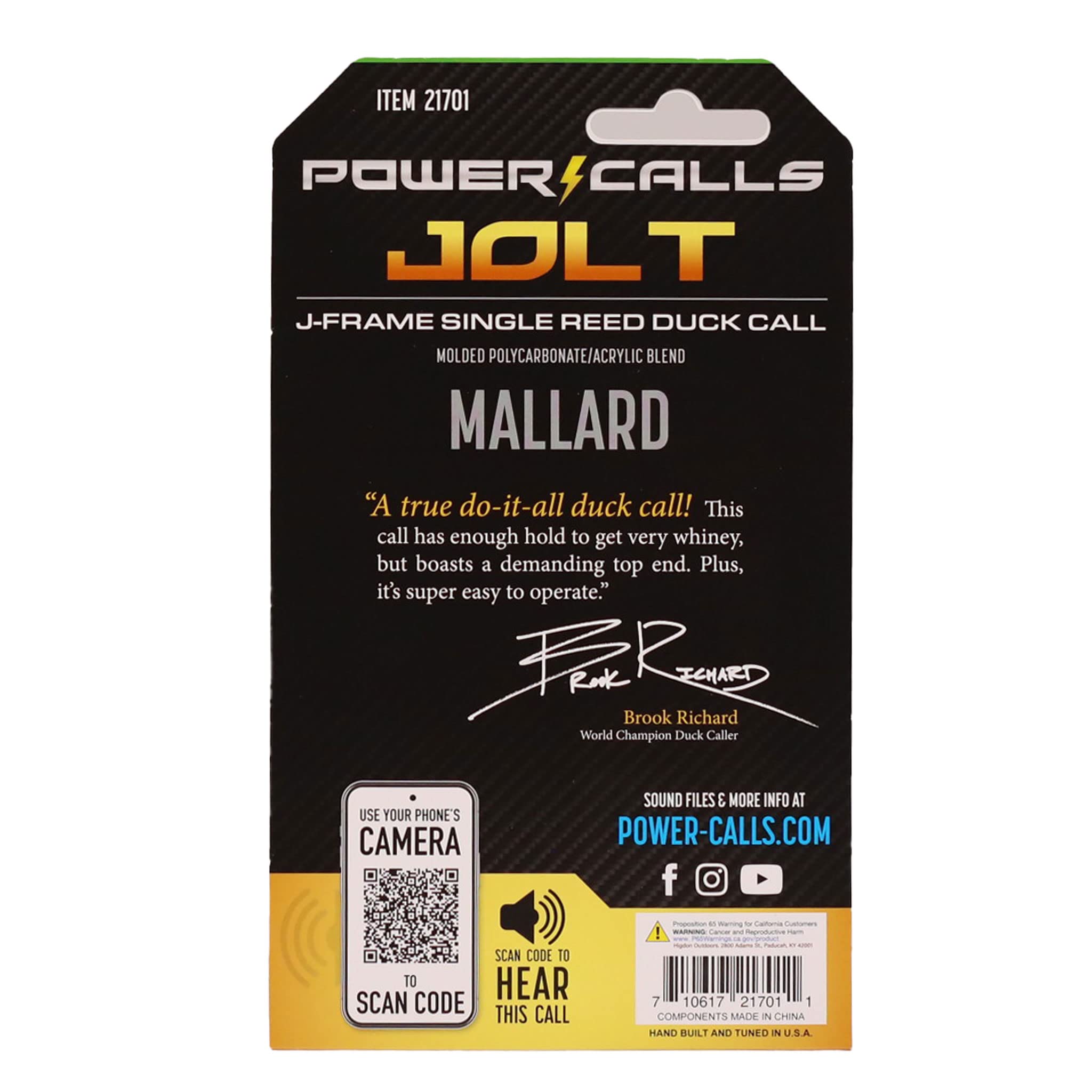 Power Calls Mallard duck call in hand demonstrates ergonomic grip for easy handling.