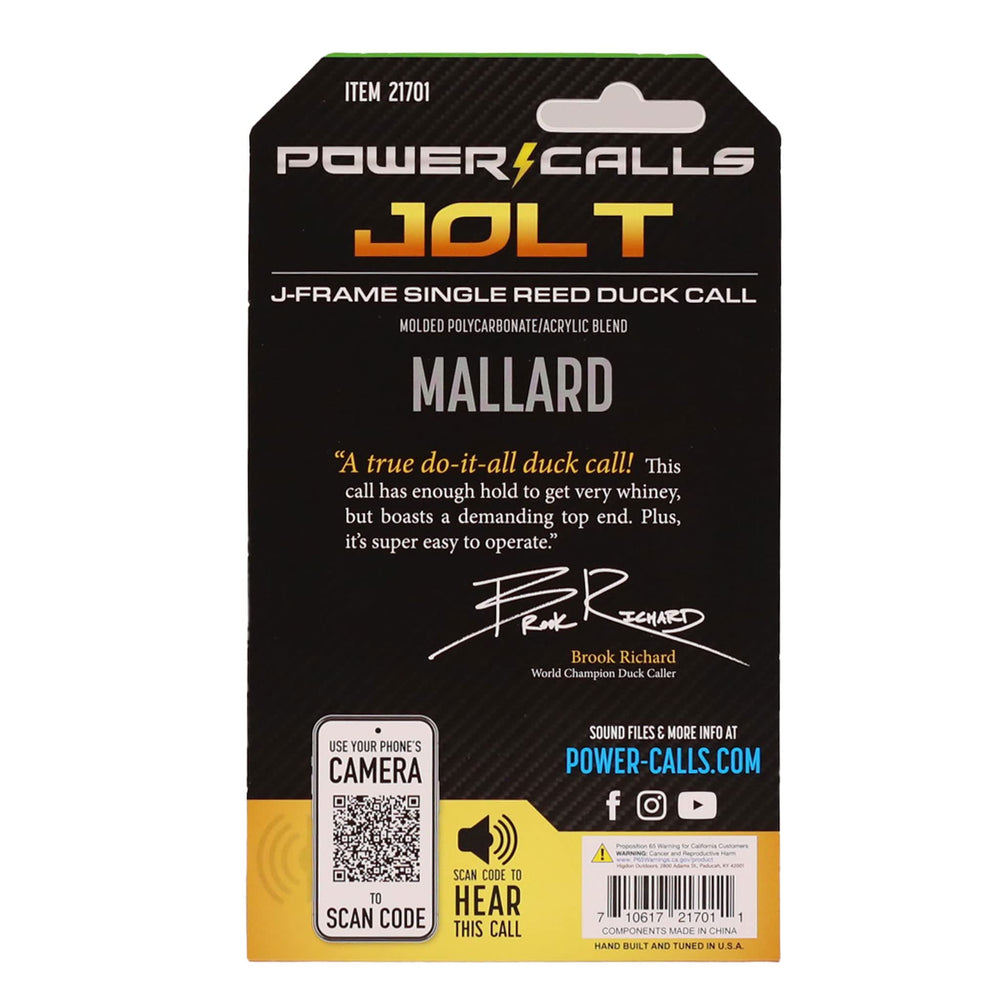 Power Calls Mallard duck call in hand demonstrates ergonomic grip for easy handling.