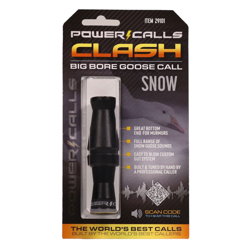 Power Calls Snow Goose Call Stealth Black displayed on a stand for stealthy, consistent volume.