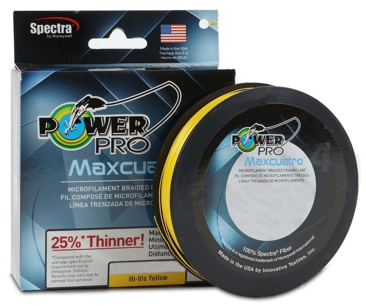 Power Pro MAXCUATRO 30lb 150yd high-visibility yellow line boosts cast visibility and tracking