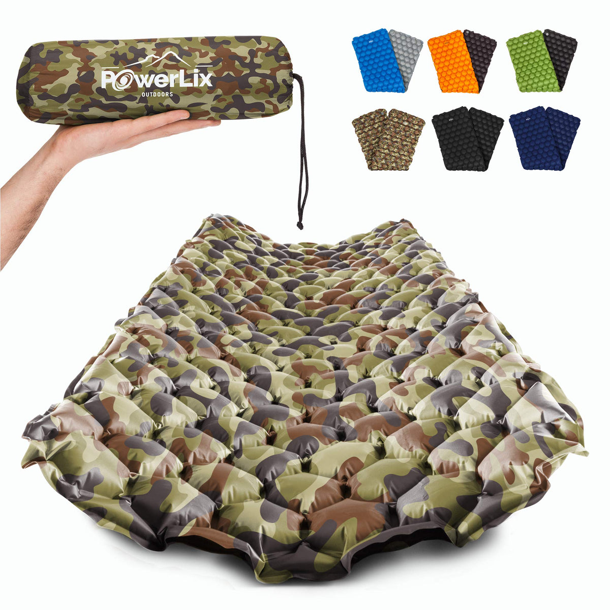 POWERLIX camping pad hexagon-design image showing pressure-point support.
