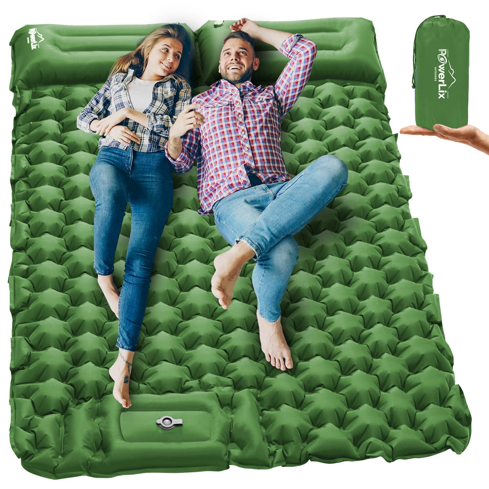 POWERLIX double camping sleeping pad with built-in pillow offering ergonomic support for two sleepers.