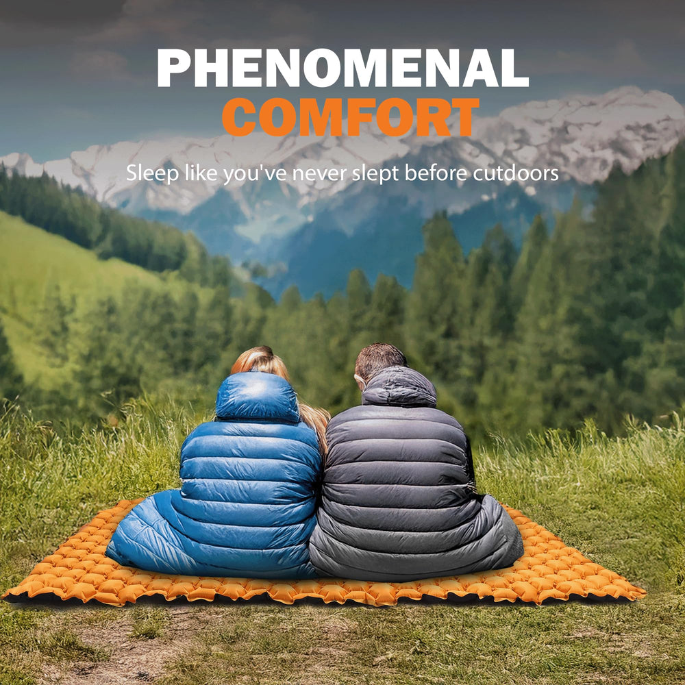 POWERLIX Double Sleeping Pad at a two-person campsite shows roomy sleep area.