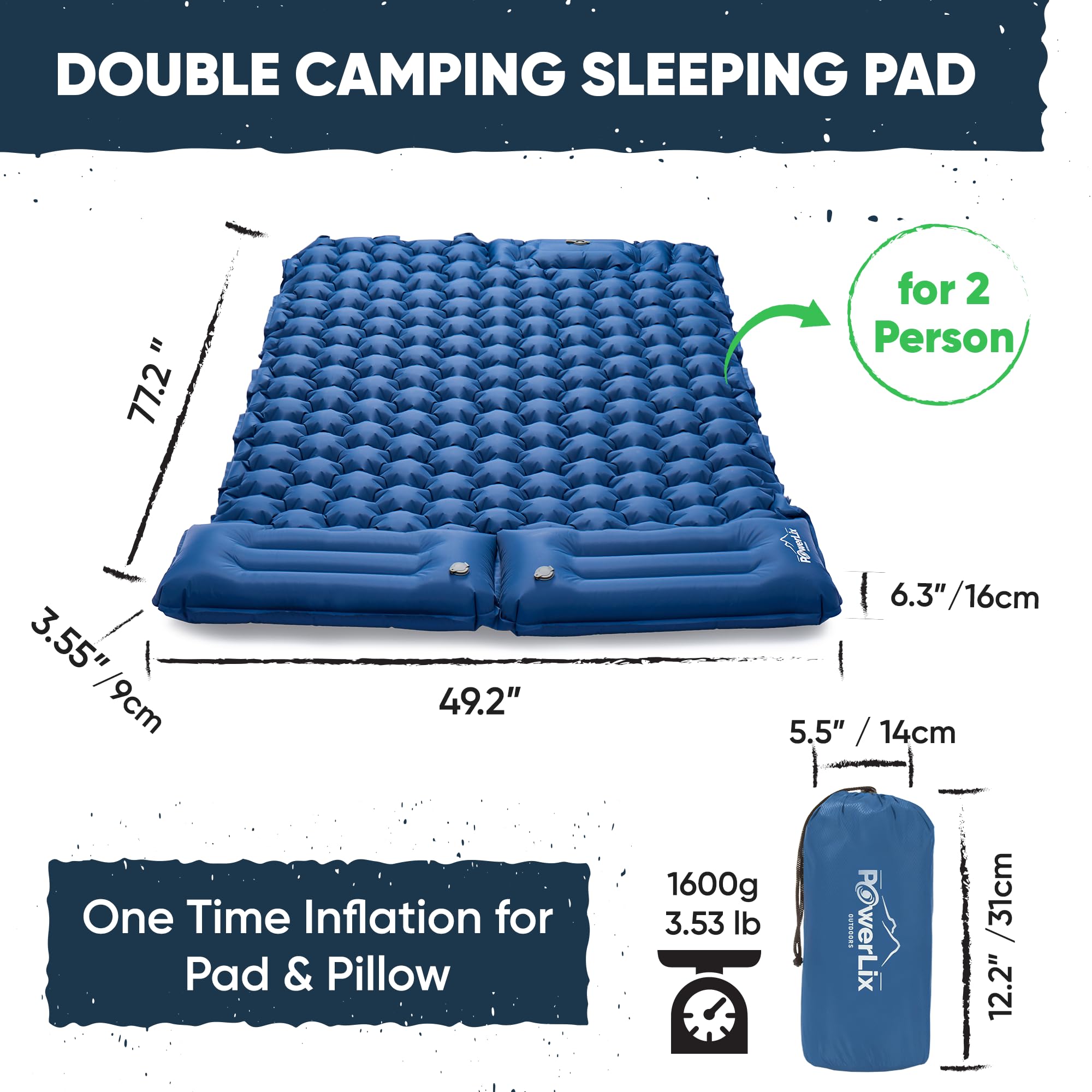 POWERLIX double sleeping pad built-in foot pump inflates quickly for easy setup.