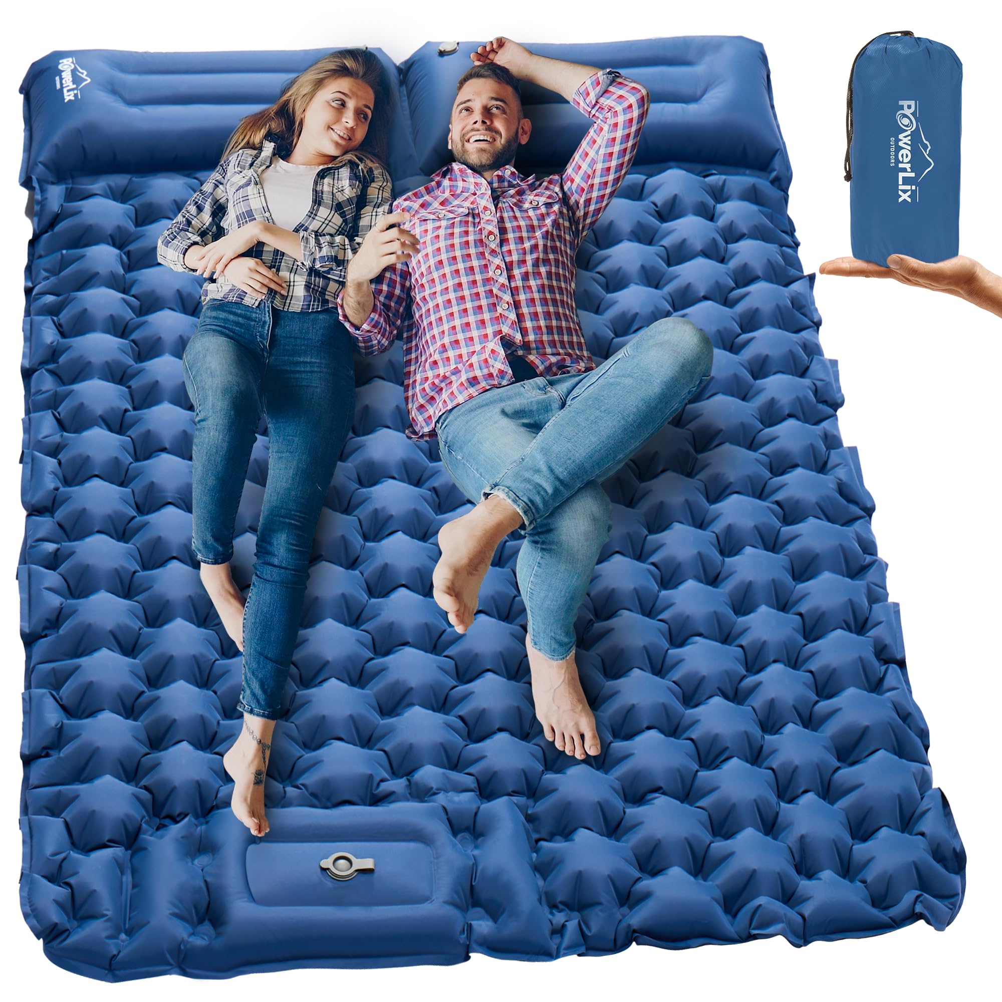 POWERLIX double sleeping pad with built-in pillow offers all-night support on uneven ground.