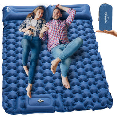POWERLIX double sleeping pad with built-in pillow offers all-night support on uneven ground.