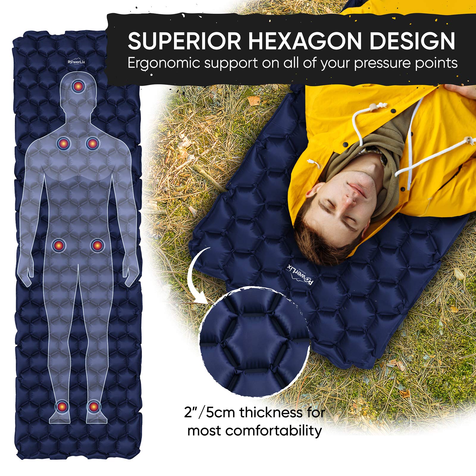 POWERLIX Ultralight sleeping pad with inflation bag used as pillow or storage.