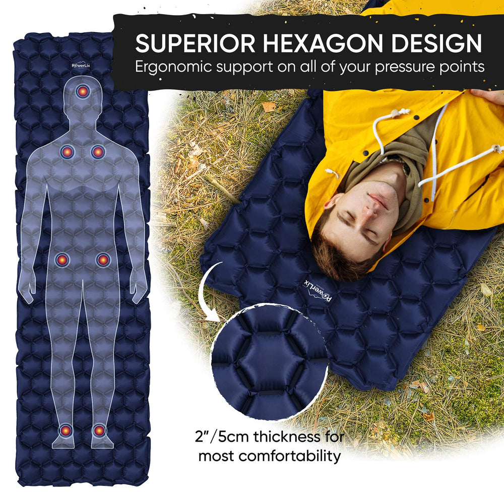 POWERLIX Ultralight sleeping pad with inflation bag used as pillow or storage.