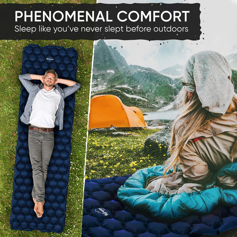 POWERLIX Ultralight sleeping pad inflated, showing hexagon-cell support.