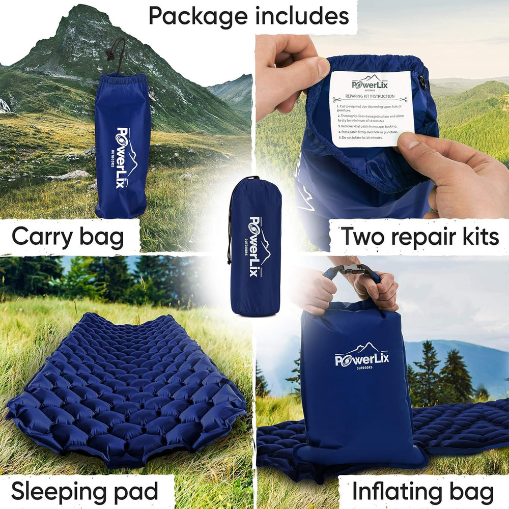POWERLIX Ultralight sleeping pad kit includes repair tools and carry bag.