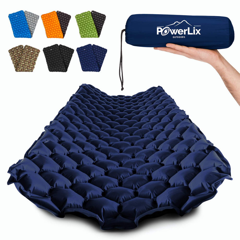 POWERLIX Ultralight sleeping pad rolled compact for backpacking comfort.