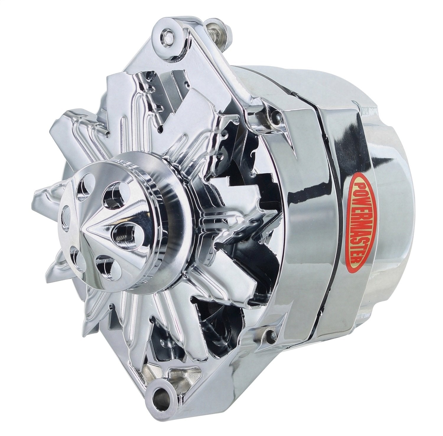 Powermaster GM 12SI chrome alternator with 1V pulley and cone for reliable vehicle start.