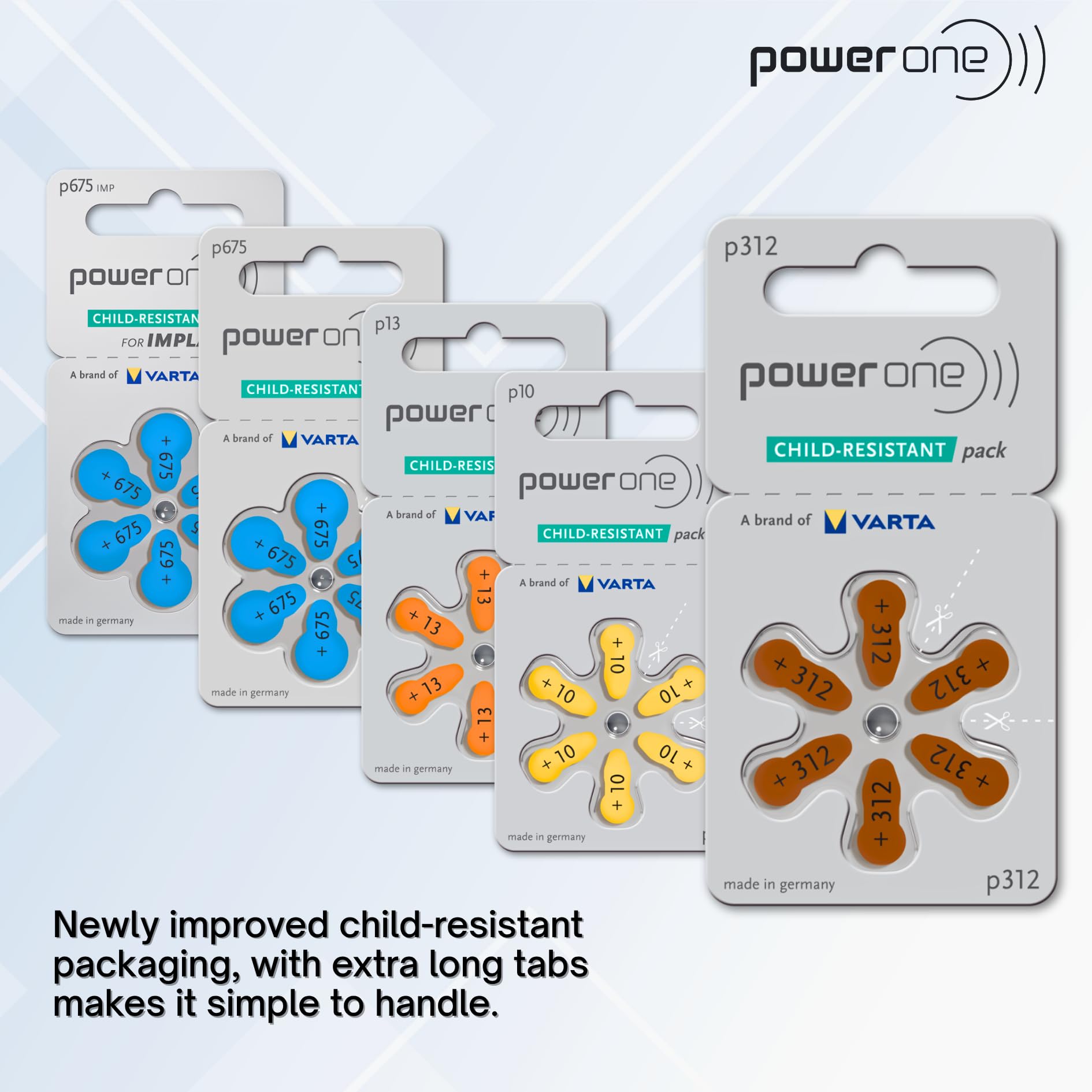 PowerOne Size 312 2-Pack batteries closeup: high-quality zinc-air cells for dependable power.