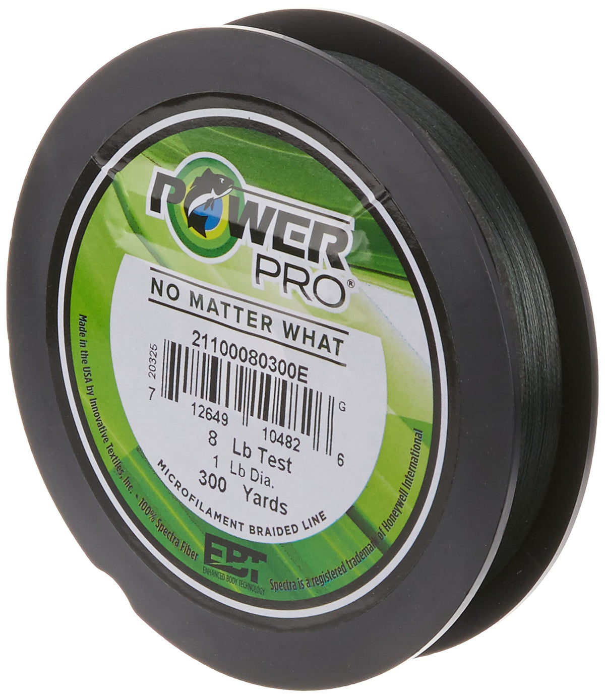 PowerPro Spectra braided line on a moss-green spool, delivering smooth casts and high strength.