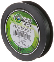 PowerPro Spectra braided line on a moss-green spool, delivering smooth casts and high strength.