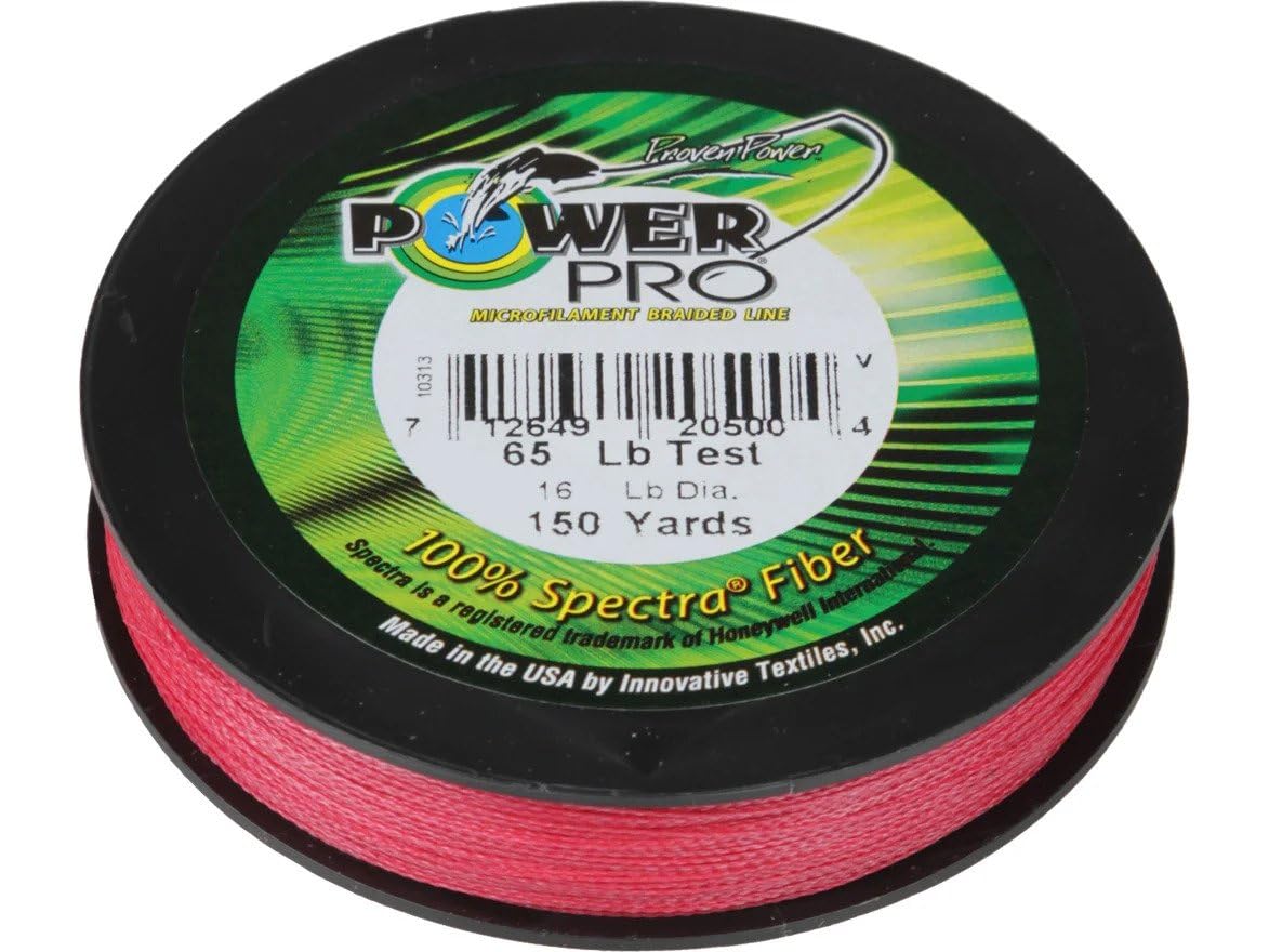 PowerPro Spectra braided line vermilion red on a spool, smooth casting for deep-water bass fishing.