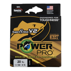 PowerPro Super 8 Slick V2 braided line on white spool, strong and smooth casting.