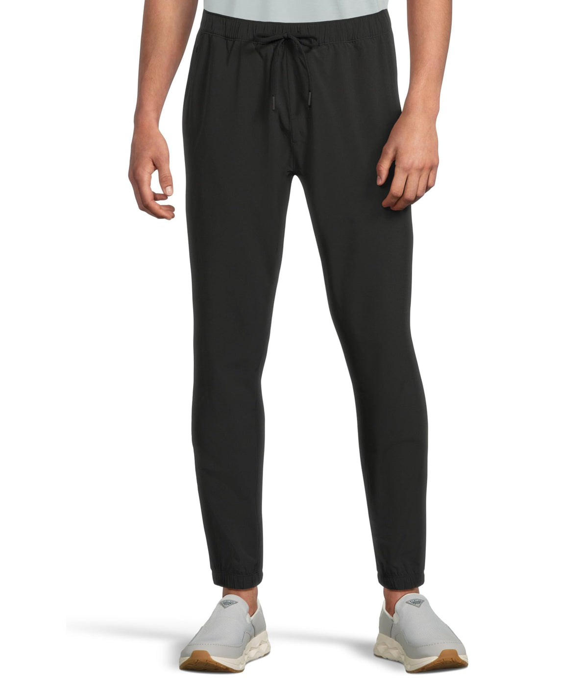 prAna Discovery Men's Trail Joggers showing adjustable waistband for a customizable fit on trails.
