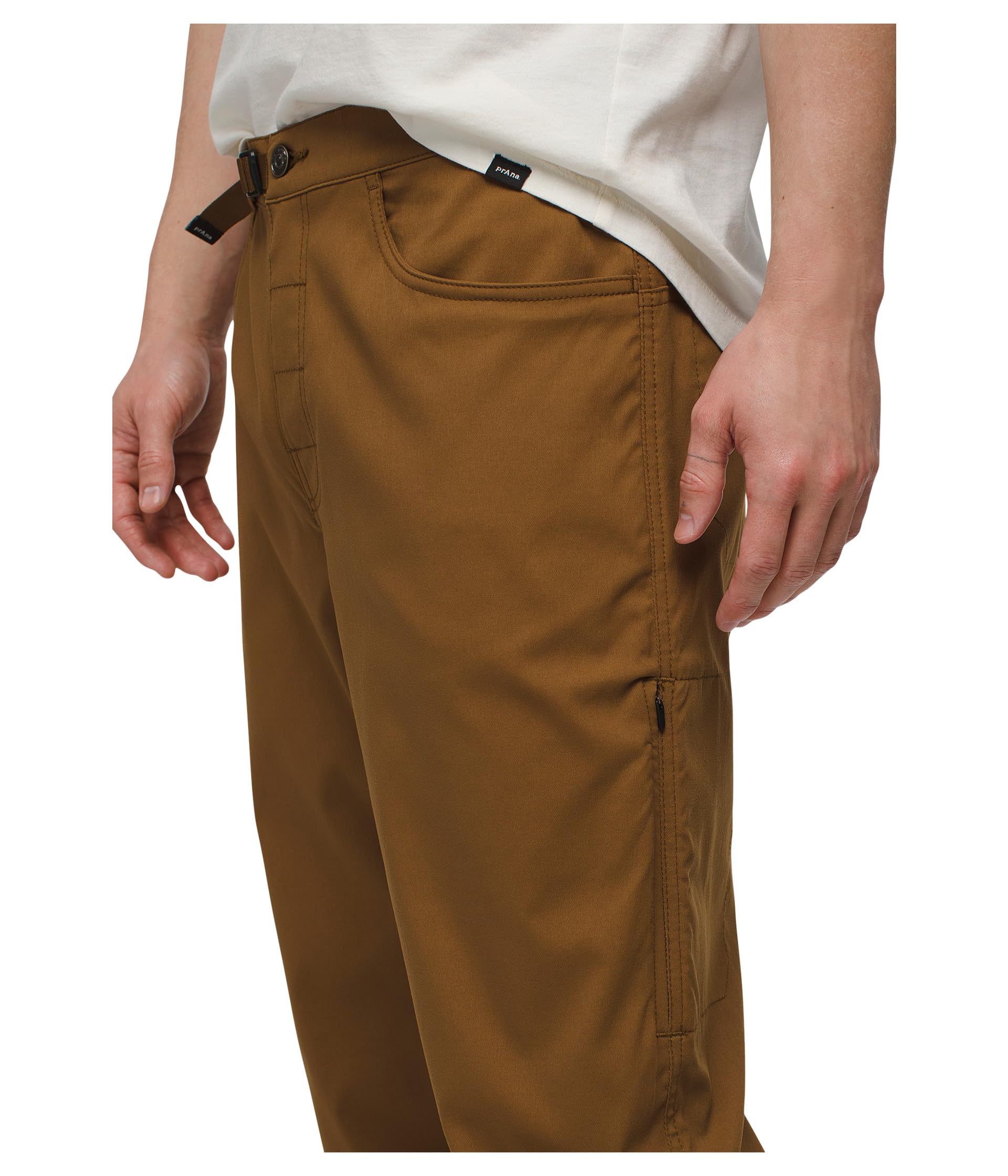 Prana mens Stretch Zion Top-Out Pants Sepia pocket close-up illustrating mesh lined pockets.