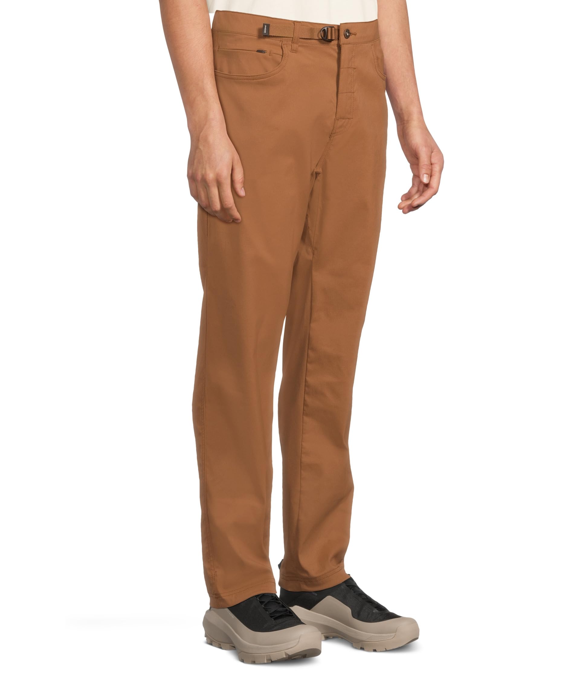 Prana mens Stretch Zion Top-Out Pants Sepia side view highlighting abrasion resistance for rugged wear.