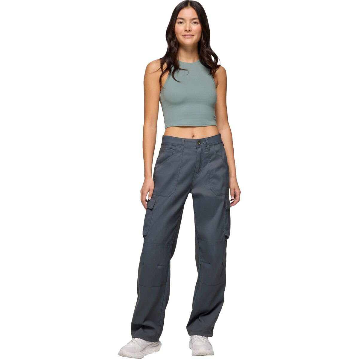 Prana Stretch Zion Cargo Pants Thundercloud back pockets with flaps and closures.