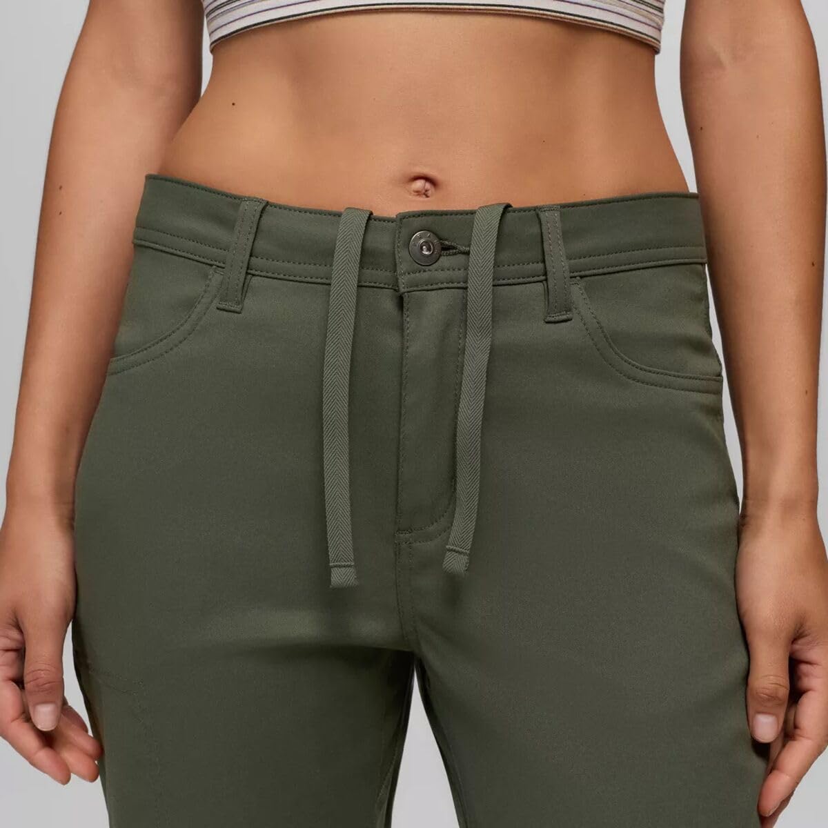 Prana Stretch Zion Halle Pants Spruce waistband close-up with reinforced belt loops