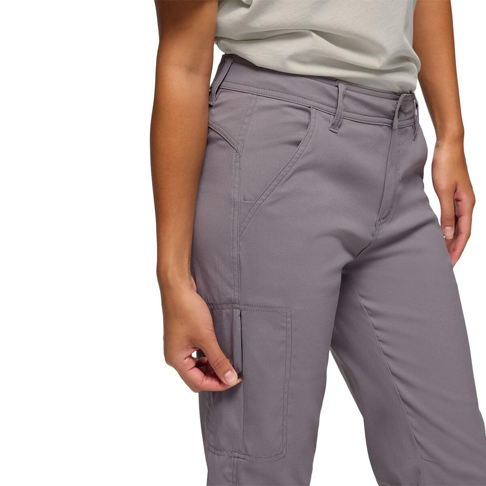 Prana Stretch Zion pewter pants, waistband adjuster visible for custom fit