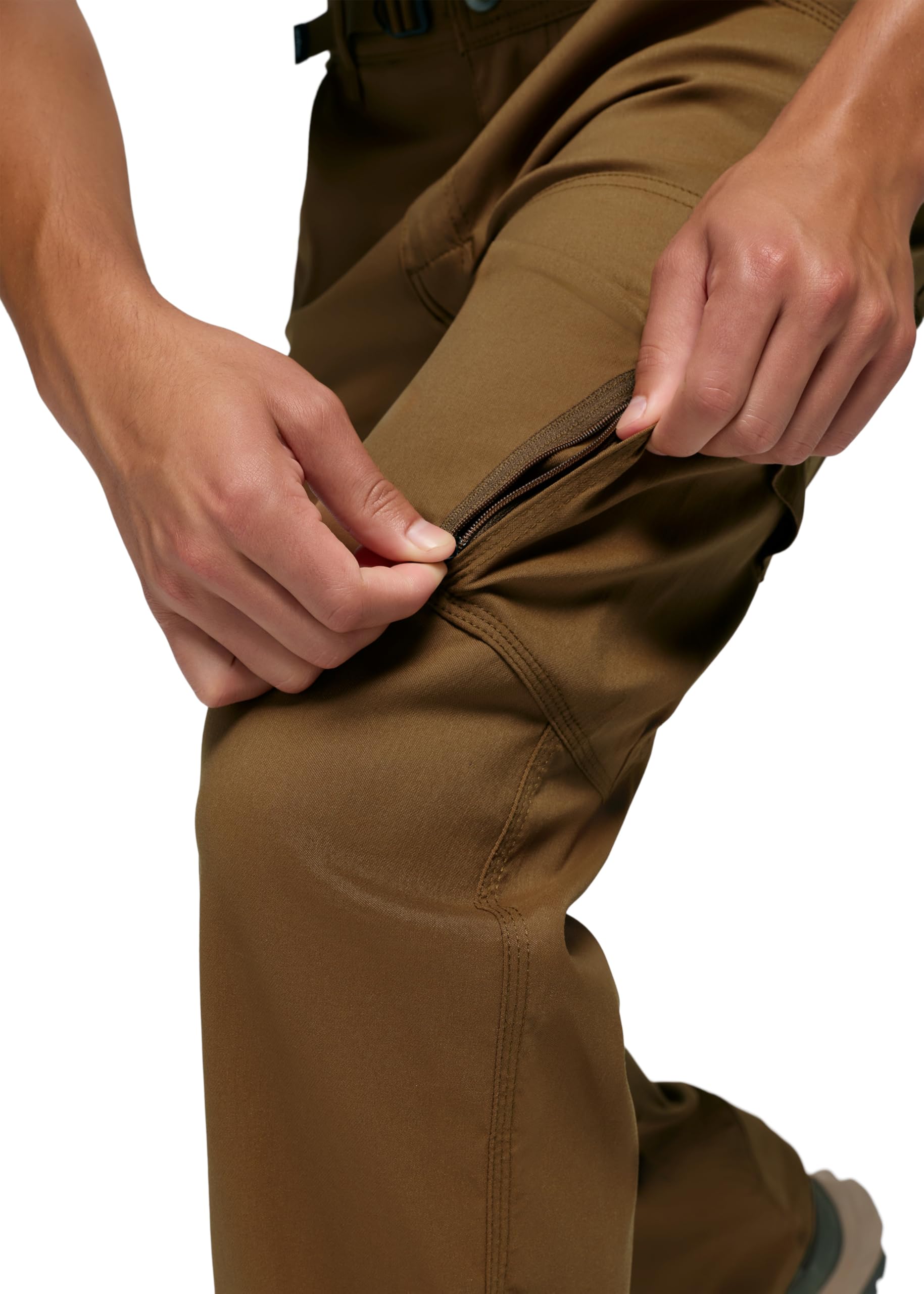 prAna Stretch Zion Pant Sepia left-thigh zip cargo pocket with double-entry access.