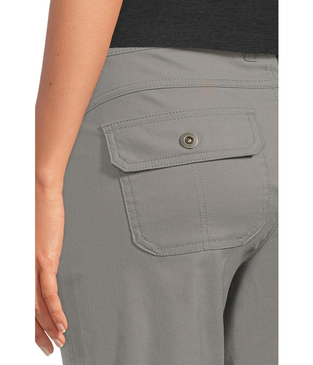 Prana Stretch Zion pewter mid-rise pants in motion, versatile for layering and movement