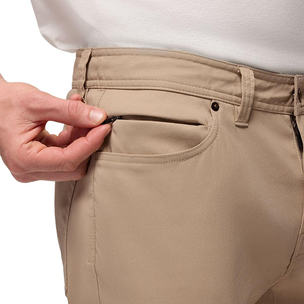 PrAna Stretch Zion SL pants Sandbar inseam gusset for mobility and all-day comfort.