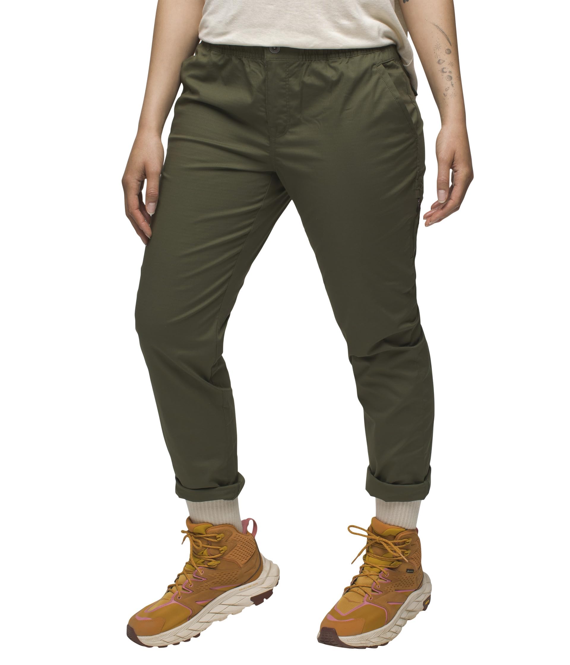 prAna women's double peak all-around pant cargo green fabric closeup shows durable ripstop weave for outdoor wear