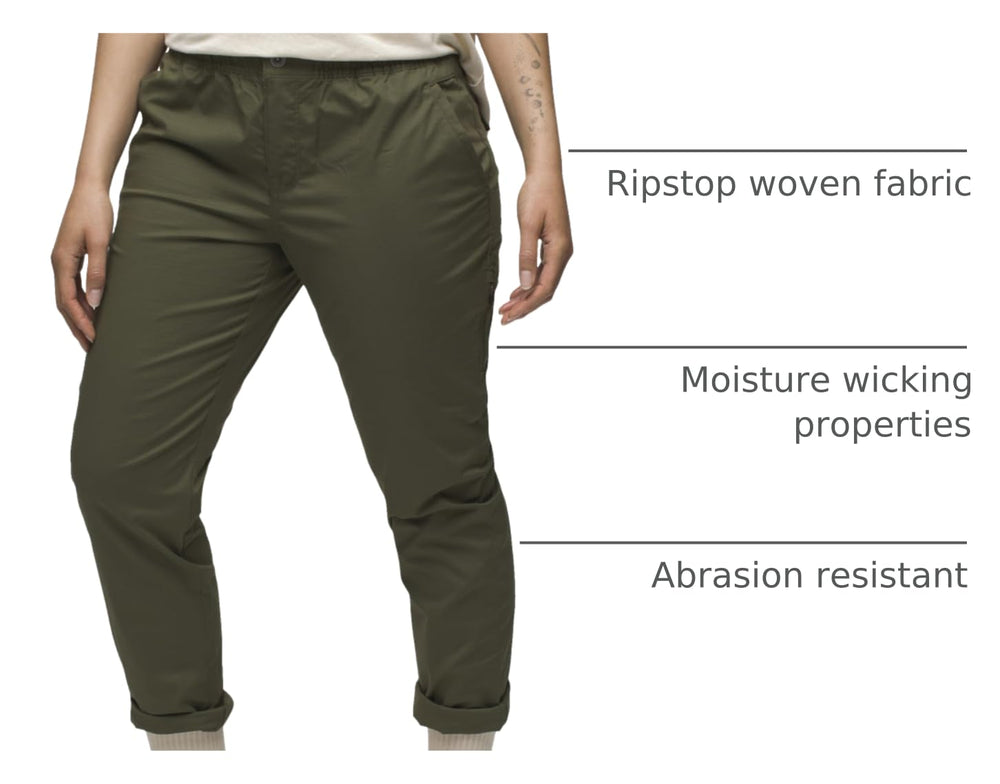 prAna women's double peak all-around pant cargo green in-use displays rugged, versatile apparel for hiking